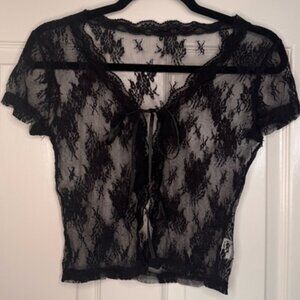 Chic Black Lace Crop Top with Tie Front